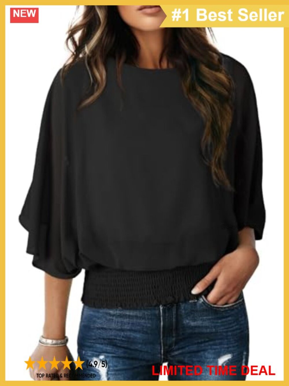 Chiffon Blouse Boat Neck 3/4 Sleeve Smocked Waist Flowy Casual